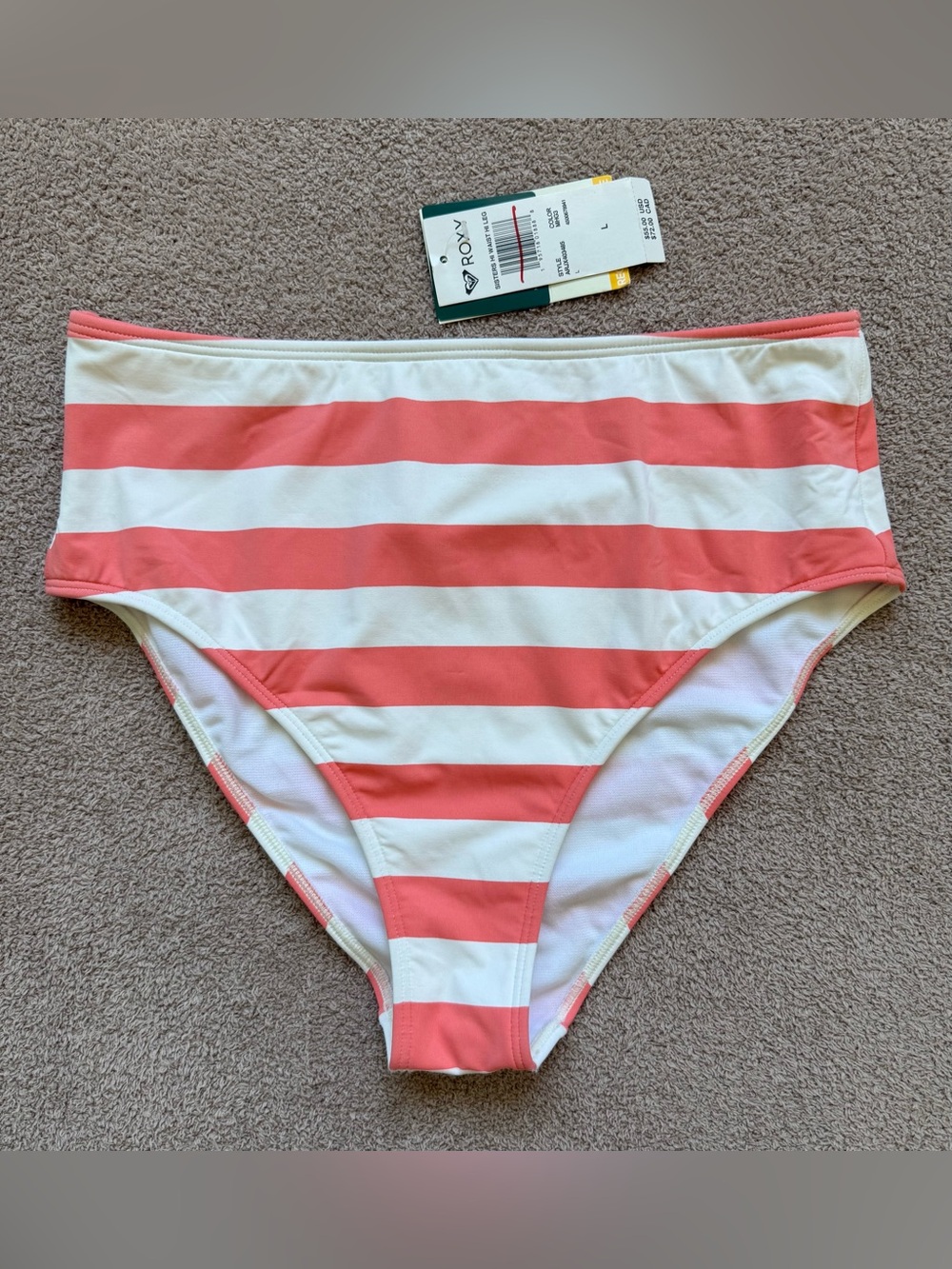 Roxy - Sisters High Waist Stripe Swimsuit Bottoms - CORAL WHITE STRIPES
